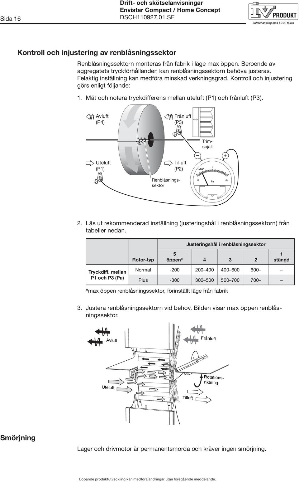 Mät och notera tryckdifferens mellan uteluft (P1) och frånluft (P3). Avluft (P4) Frånluft (P3) Uteluft (P1) Tilluft (P2) Renblåsningssektor Trimspjäll + 200 0 Pa 2.
