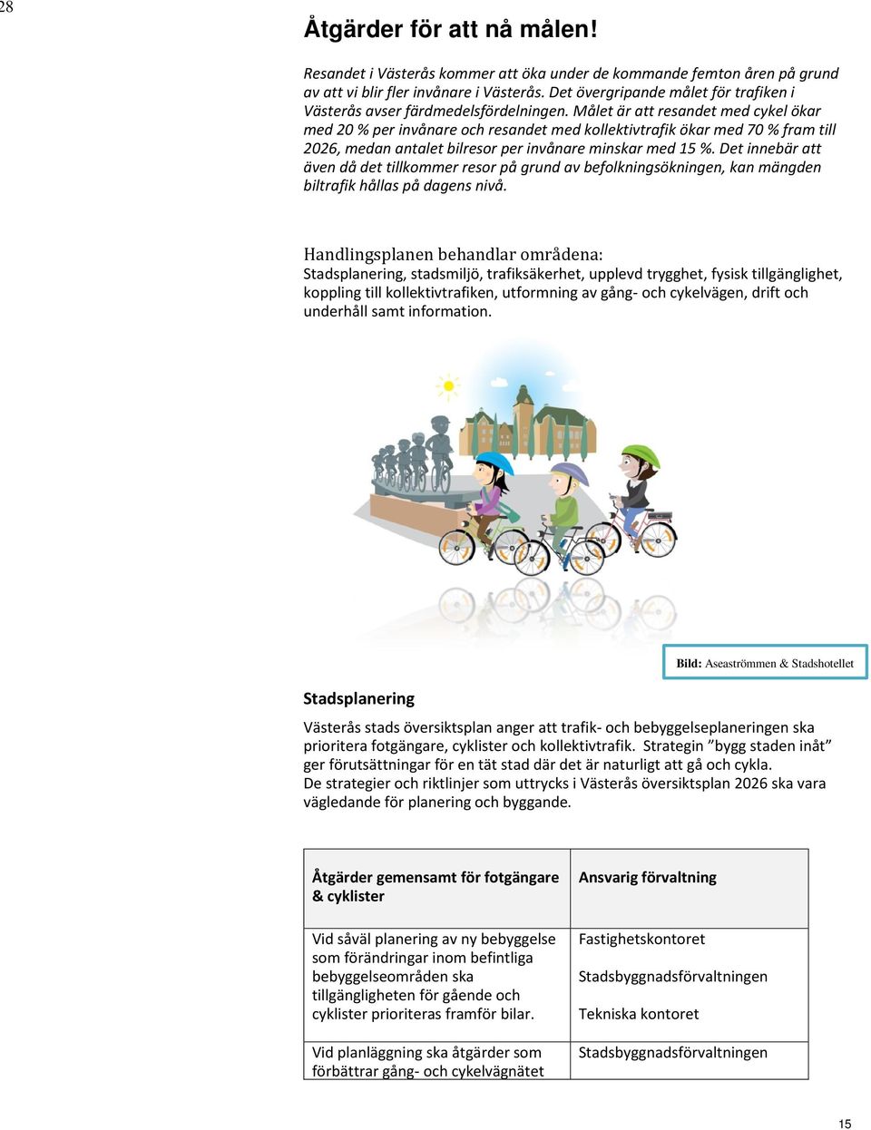 Målet är att resandet med cykel ökar med 20 % per invånare och resandet med kollektivtrafik ökar med 70 % fram till 2026, medan antalet bilresor per invånare minskar med 15 %.