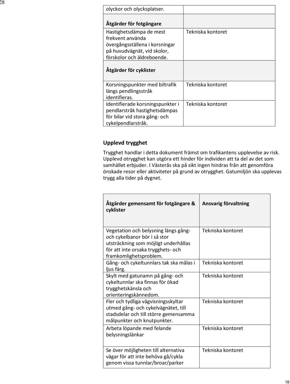 Upplevd trygghet Trygghet handlar i detta dokument främst om trafikantens upplevelse av risk. Upplevd otrygghet kan utgöra ett hinder för individen att ta del av det som samhället erbjuder.