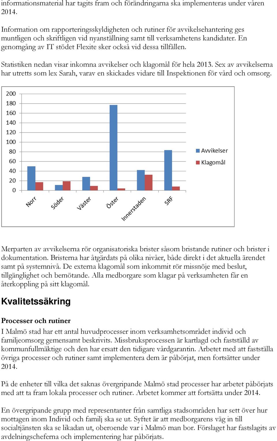 En genomgång av IT stödet Flexite sker också vid dessa tillfällen. Statistiken nedan visar inkomna avvikelser och klagomål för hela 2013.