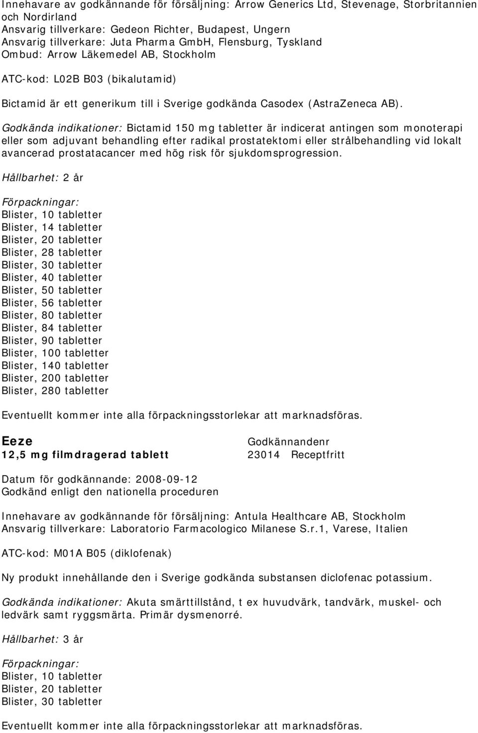 Godkända indikationer: Bictamid 150 mg tabletter är indicerat antingen som monoterapi eller som adjuvant behandling efter radikal prostatektomi eller strålbehandling vid lokalt avancerad