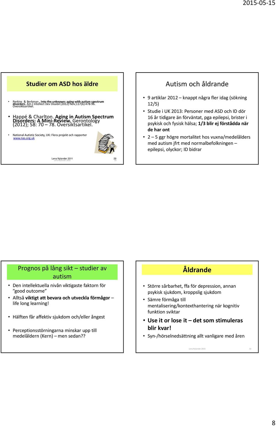 uk Autism och åldrande 9 artiklar 2012 knappt några fler idag (sökning 12/5) Studie i UK 2013: Personer med ASD och ID dör 16 år tidigare än förväntat, pga epilepsi, brister i psykisk och fysisk