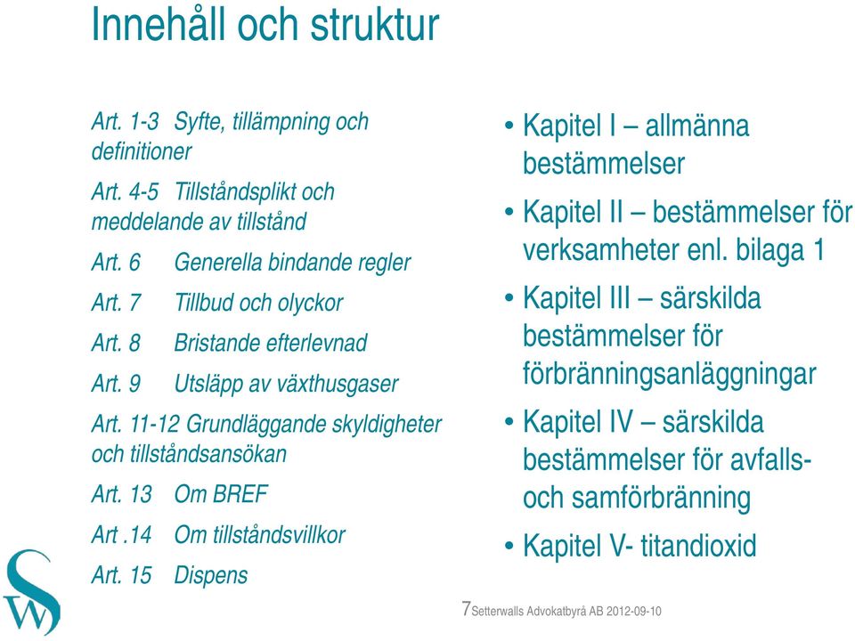 13 Om BREF Art.14 Om tillståndsvillkor Art. 15 Dispens Kapitel I allmänna bestämmelser Kapitel II bestämmelser för verksamheter enl.