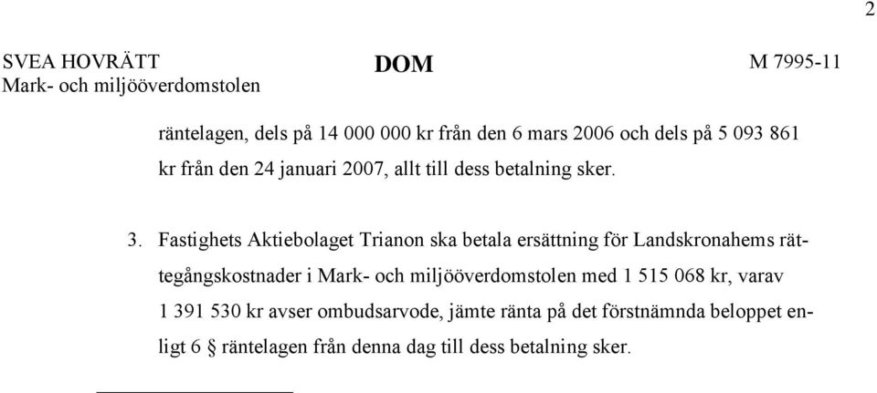 Fastighets Aktiebolaget Trianon ska betala ersättning för Landskronahems rättegångskostnader i Mark- och