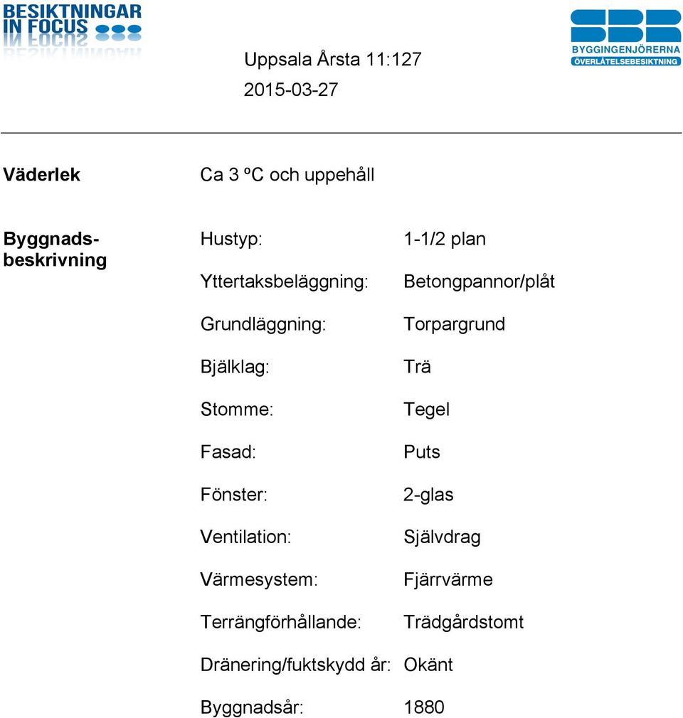 Terrängförhållande: Dränering/fuktskydd år: Byggnadsår: 1-1/2 plan