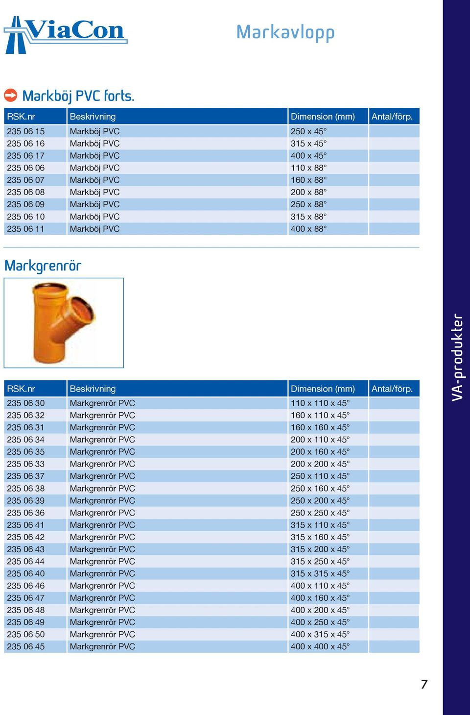 Markböj PVC 250 x 88 235 06 10 Markböj PVC 315 x 88 235 06 11 Markböj PVC 400 x 88 Markgrenrör 235 06 30 Markgrenrör PVC 110 x 110 x 45 235 06 32 Markgrenrör PVC 160 x 110 x 45 235 06 31 Markgrenrör