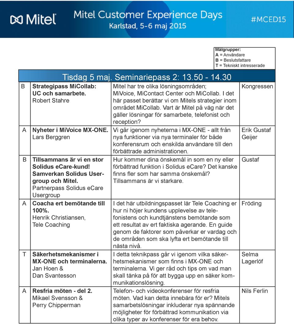 Mikael Svensson & Perry Chipperman isdag 5 maj. Seminariepass 2: 13.50-14.30 Mitel har tre olika lösningsområden; MiVoice, MiContact Center och MiCollab.