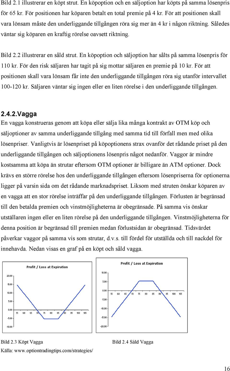 2 illustrerar en såld strut. En köpoption och säljoption har sålts på samma lösenpris för 110 kr. För den risk säljaren har tagit på sig mottar säljaren en premie på 10 kr.