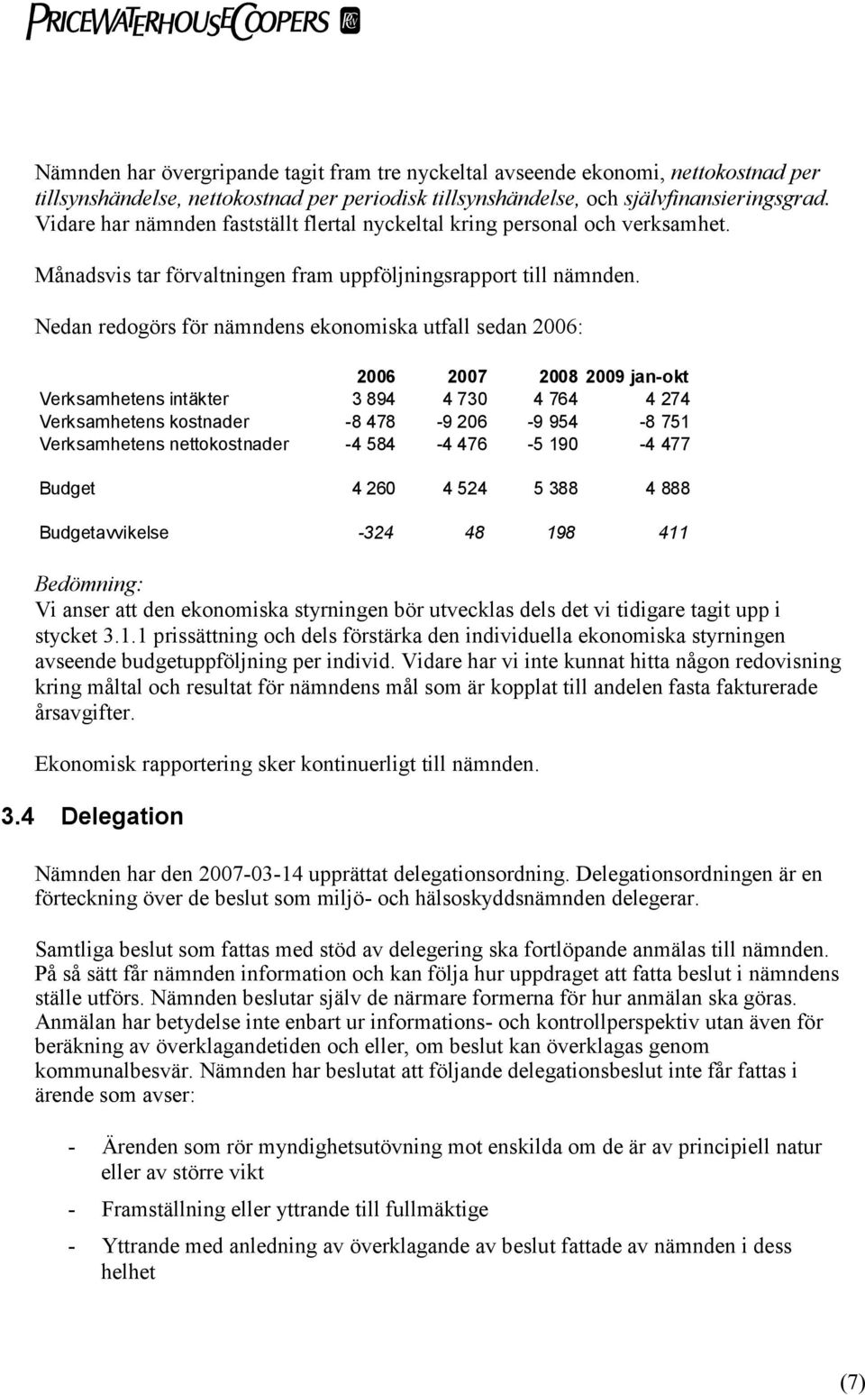 Nedan redogörs för nämndens ekonomiska utfall sedan 2006: 2006 2007 2008 2009 jan-okt Verksamhetens intäkter 3 894 4 730 4 764 4 274 Verksamhetens kostnader -8 478-9 206-9 954-8 751 Verksamhetens