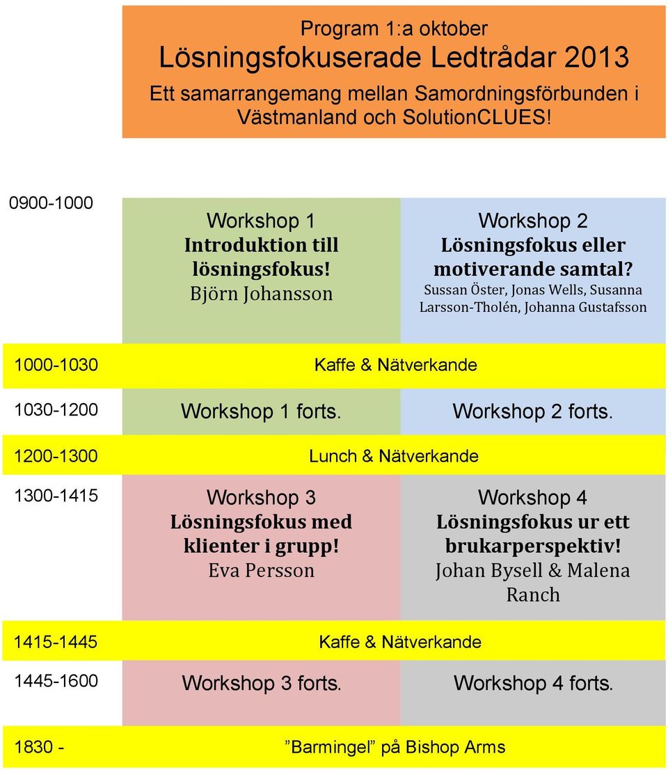 Sussan Öster, Jonas Wells, Susanna Larsson-Tholén, Johanna Gustafsson 1000-1030 Kaffe & Nätverkande 1030-1200 Workshop 1 forts. Workshop 2 forts.