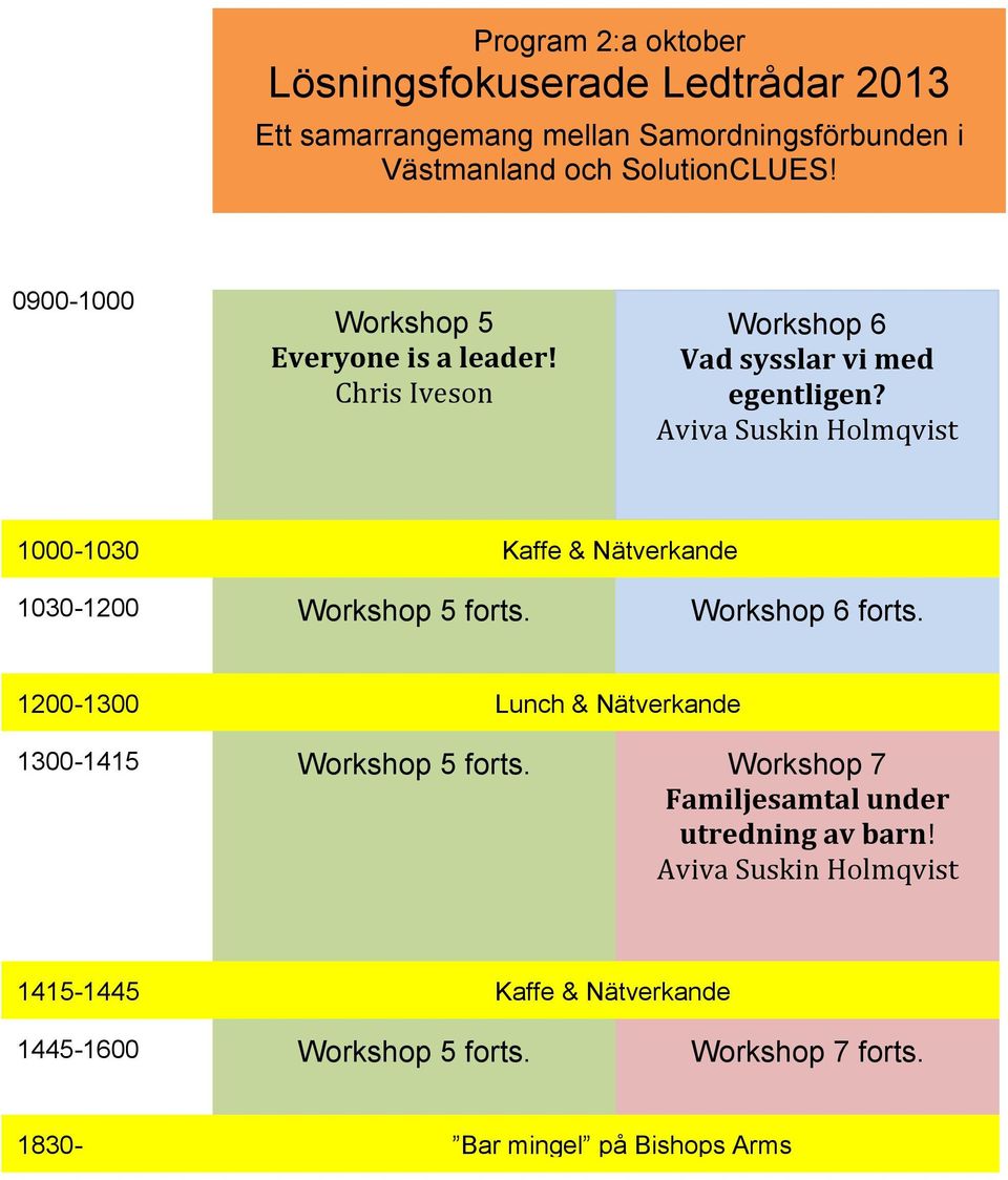 Aviva Suskin Holmqvist 1000-1030 Kaffe & Nätverkande 1030-1200 Workshop 5 forts. Workshop 6 forts.