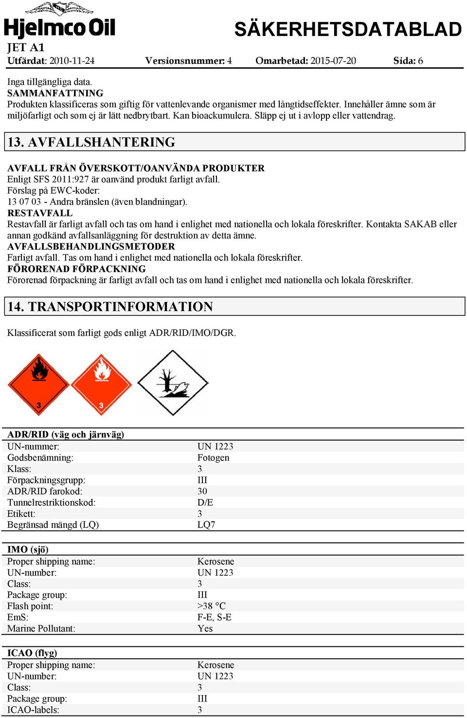 AVFALLSHANTERING AVFALL FRÅN ÖVERSKOTT/OANVÄNDA PRODUKTER Enligt SFS 2011:927 är oanvänd produkt farligt avfall. Förslag på EWCkoder: 13 07 03 Andra bränslen (även blandningar).