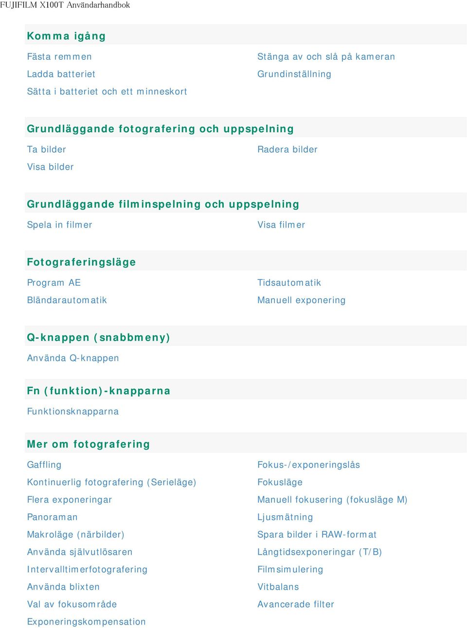 (snabbmeny) Använda Q-knappen Fn (funktion)-knapparna Funktionsknapparna Mer om fotografering Gaffling Kontinuerlig fotografering (Serieläge) Flera exponeringar Panoraman Makroläge (närbilder)