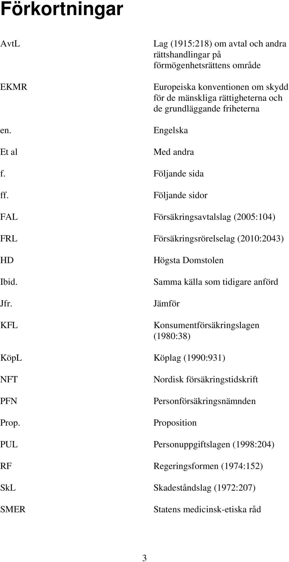 friheterna Engelska Med andra f. Följande sida ff. Följande sidor FAL Försäkringsavtalslag (2005:104) FRL Försäkringsrörelselag (2010:2043) HD Ibid. Jfr.