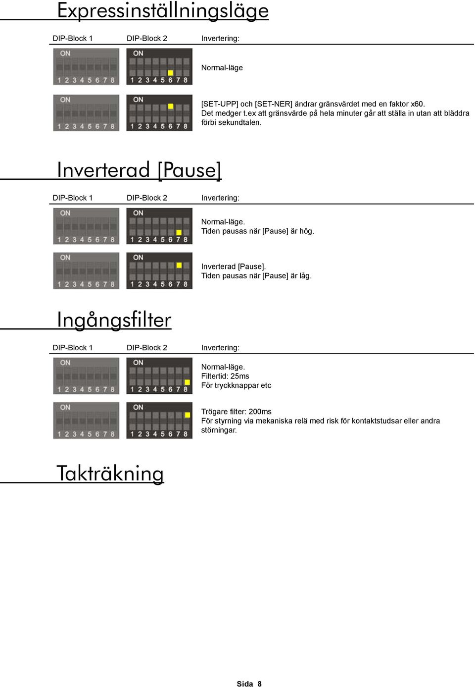 Inverterad [Pause] DIP-Block 1 DIP-Block 2 Invertering: Normal-läge. Tiden pausas när [Pause] är hög. Inverterad [Pause]. Tiden pausas när [Pause] är låg.