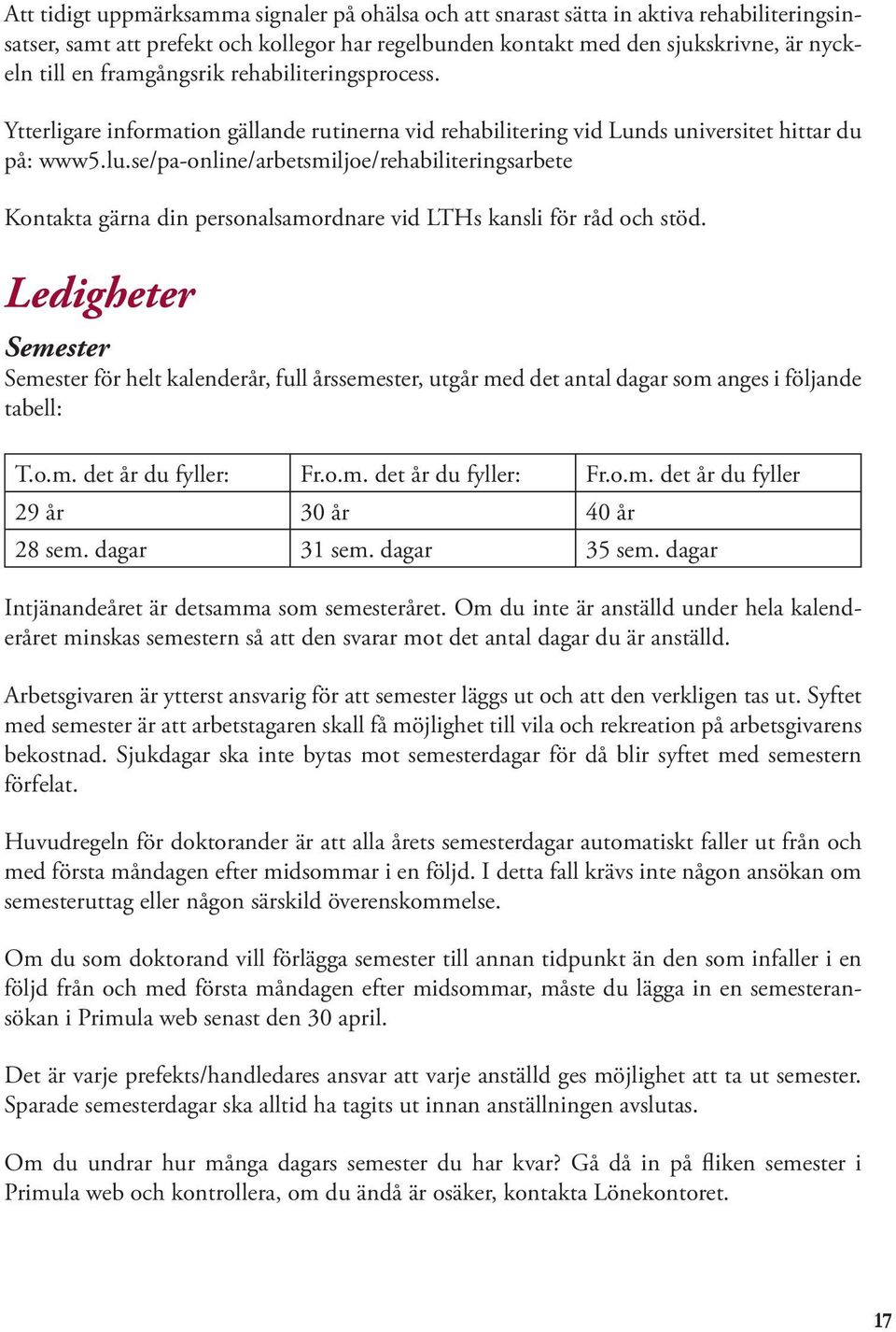 se/pa-online/arbetsmiljoe/rehabiliteringsarbete Kontakta gärna din personalsamordnare vid LTHs kansli för råd och stöd.