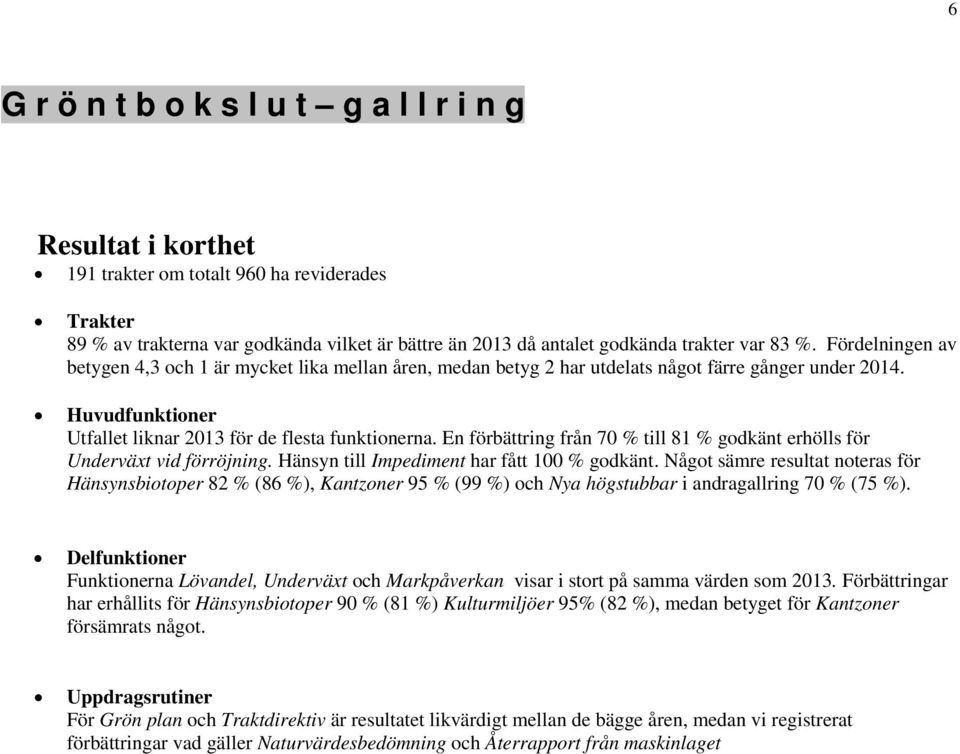 En förbättring från 70 % till 81 % godkänt erhölls för Underväxt vid förröjning. Hänsyn till Impediment har fått 100 % godkänt.