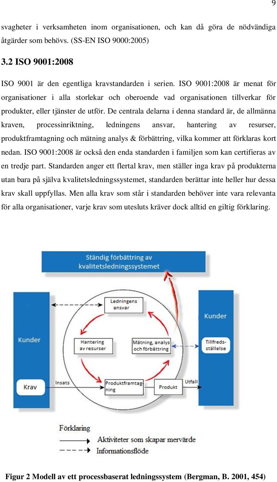 De centrala delarna i denna standard är, de allmänna kraven, processinriktning, ledningens ansvar, hantering av resurser, produktframtagning och mätning analys & förbättring, vilka kommer att