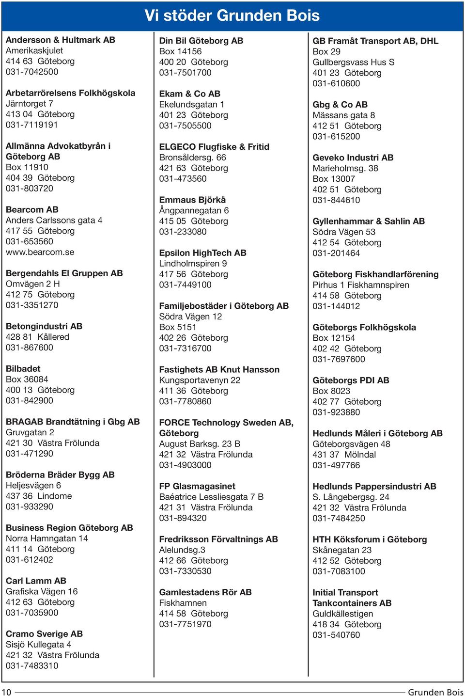 se Bergendahls El Gruppen AB Omvägen 2 H 412 75 Göteborg 031-3351270 Betongindustri AB 428 81 Kållered 031-867600 Bilbadet Box 36084 400 13 Göteborg 031-842900 BRAGAB Brandtätning i Gbg AB Gruvgatan