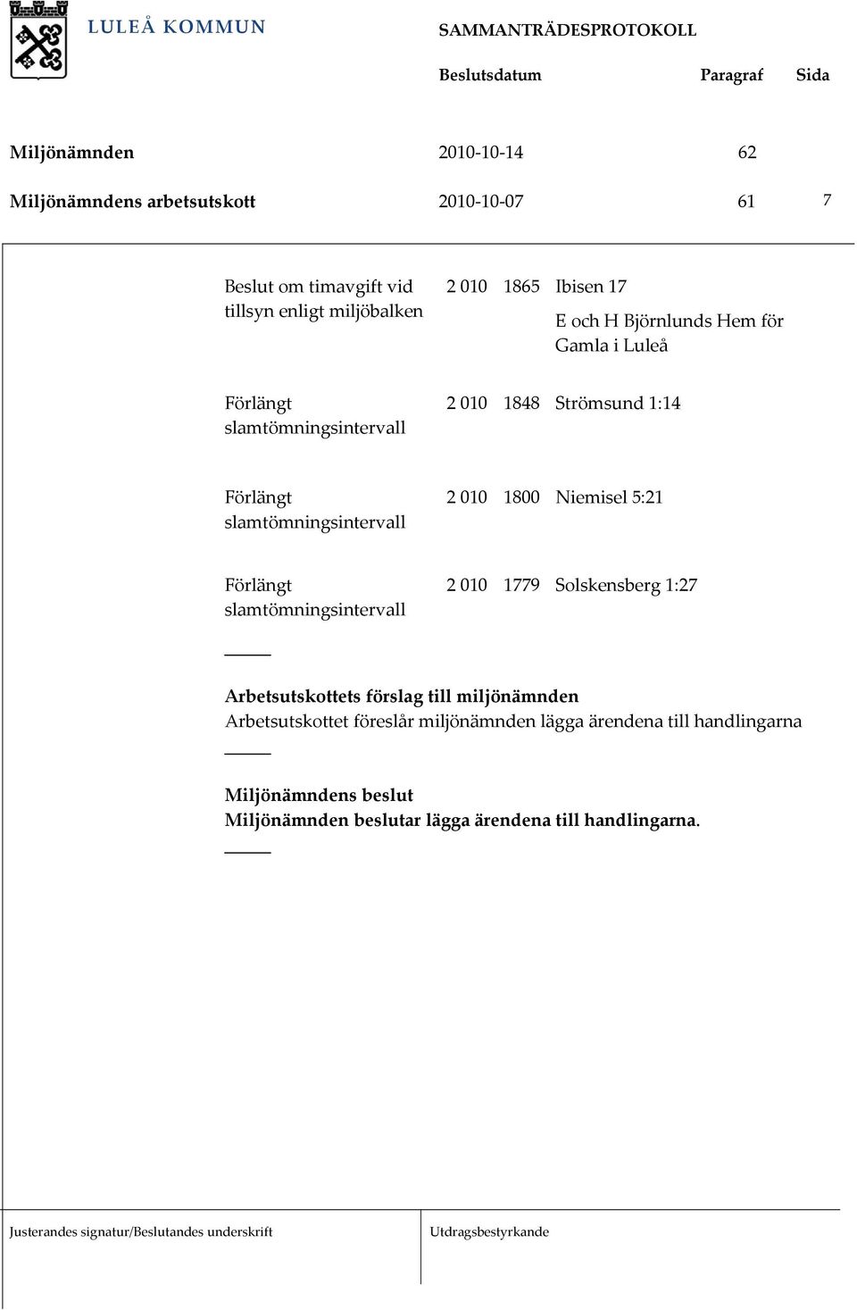 slamtömningsintervall 2 010 1779 Solskensberg 1:27 Arbetsutskottets förslag till miljönämnden Arbetsutskottet