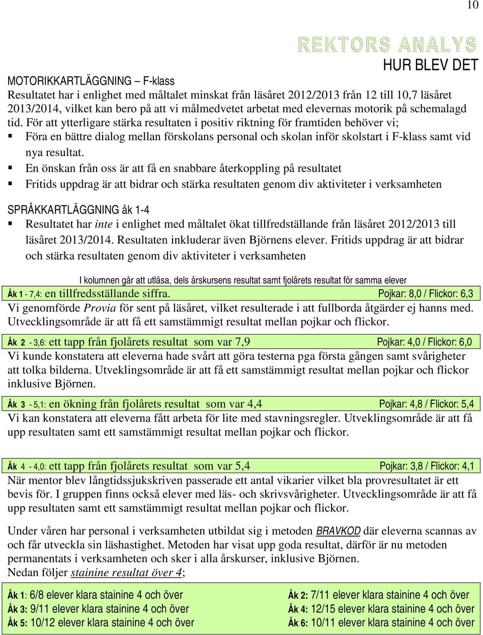 För att ytterligare stärka resultaten i positiv riktning för framtiden behöver vi; Föra en bättre dialog mellan förskolans personal och skolan inför skolstart i F-klass samt vid nya resultat.