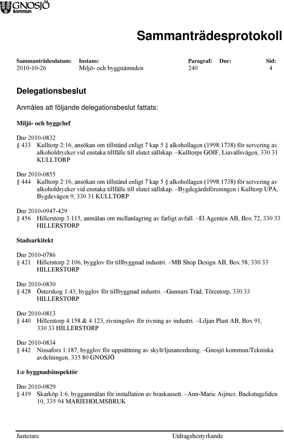 Kulltorps GOIF, Liavallsvägen, 330 31 KULLTORP Dnr 2010-0855 444 Kulltorp 2:16, ansökan om tillstånd enligt 7 kap 5  Bygdegårdsföreningen i Kulltorp UPA, Bygdevägen 9, 330 31 KULLTORP Dnr