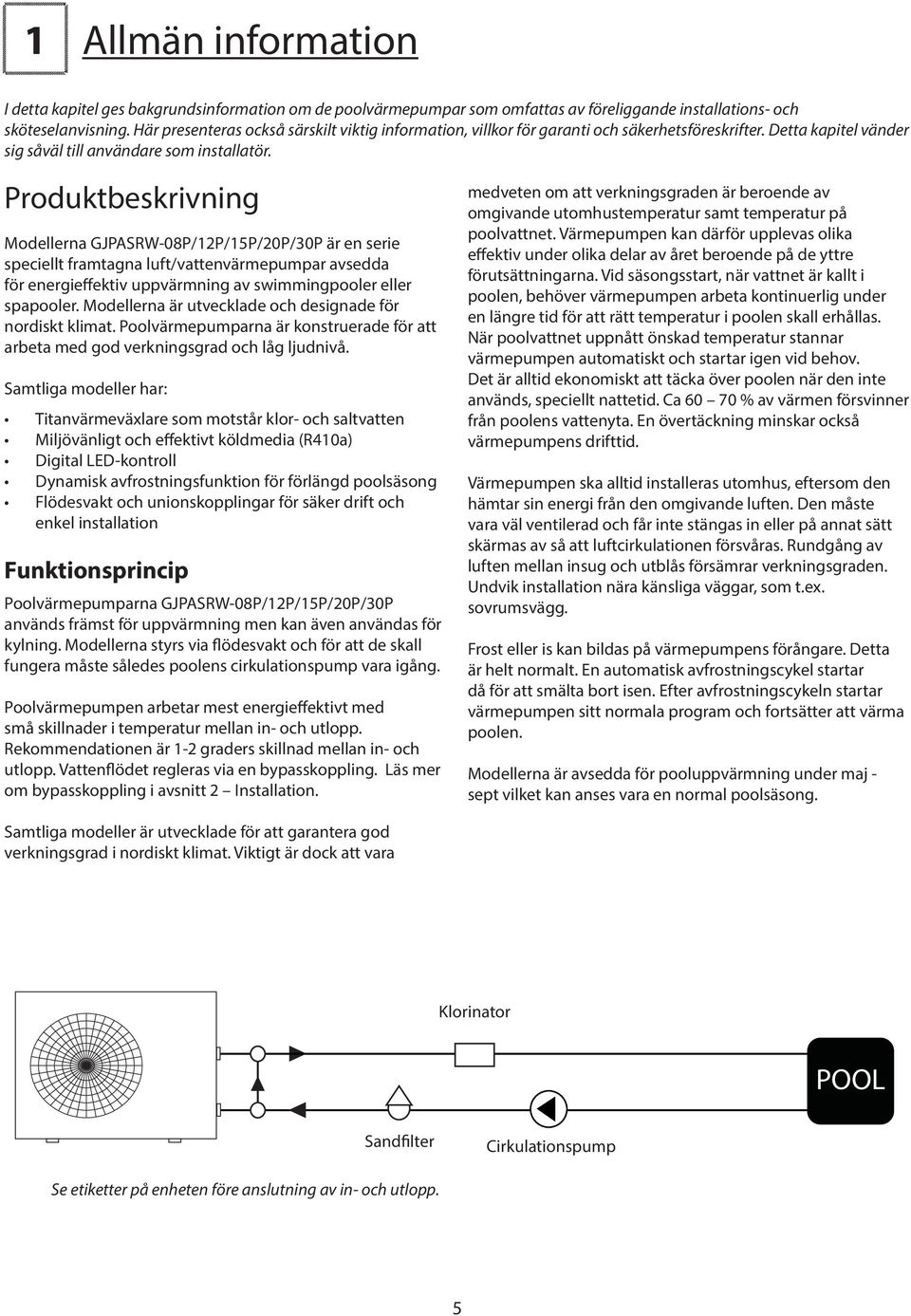 Produktbeskrivning Modellerna GJPASRW-08P/12P/15P/20P/30P är en serie speciellt framtagna luft/vattenvärmepumpar avsedda för energieffektiv uppvärmning av swimmingpooler eller spapooler.