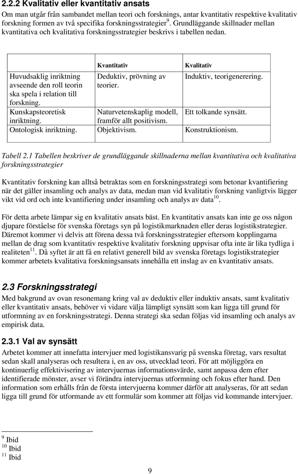 Kunskapsteoretisk inriktning. Kvantitativ Deduktiv, prövning av teorier. Kvalitativ Induktiv, teorigenerering. Naturvetenskaplig modell, Ett tolkande synsätt. framför allt positivism.