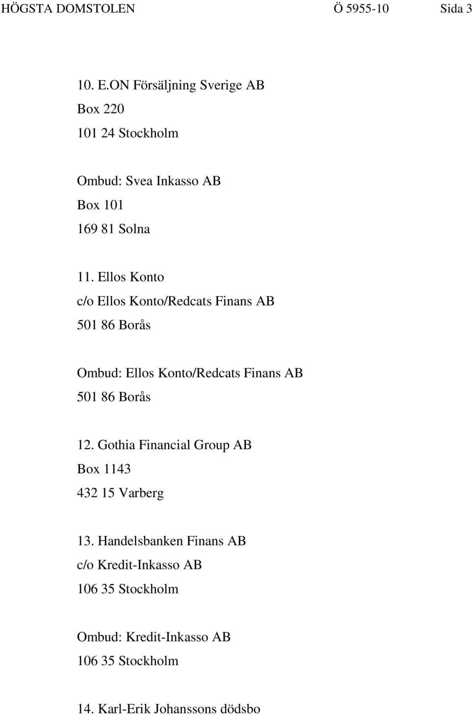 Ellos Konto c/o Ellos Konto/Redcats Finans AB 501 86 Borås Ombud: Ellos Konto/Redcats Finans AB 501 86 Borås