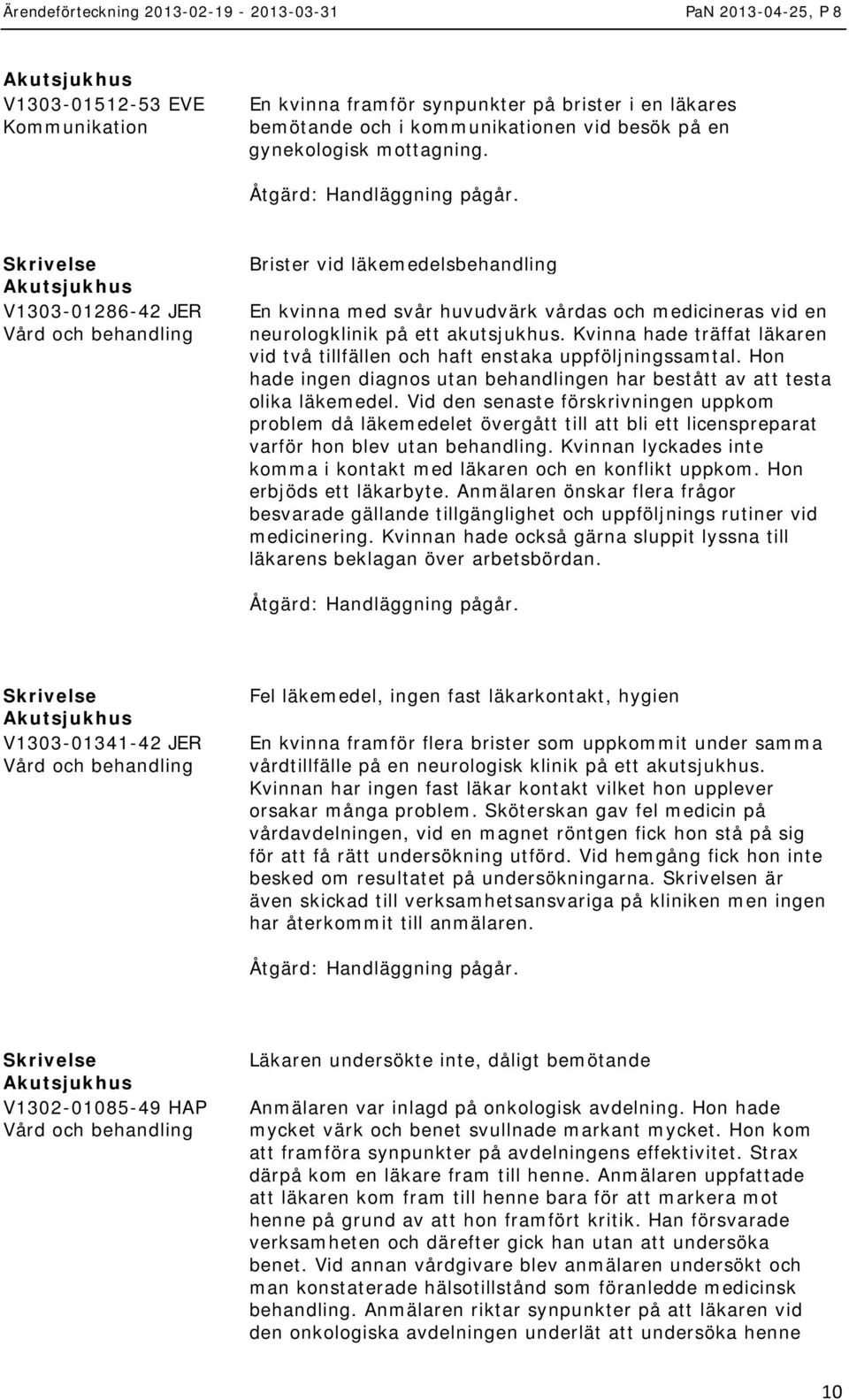 Kvinna hade träffat läkaren vid två tillfällen och haft enstaka uppföljningssamtal. Hon hade ingen diagnos utan behandlingen har bestått av att testa olika läkemedel.