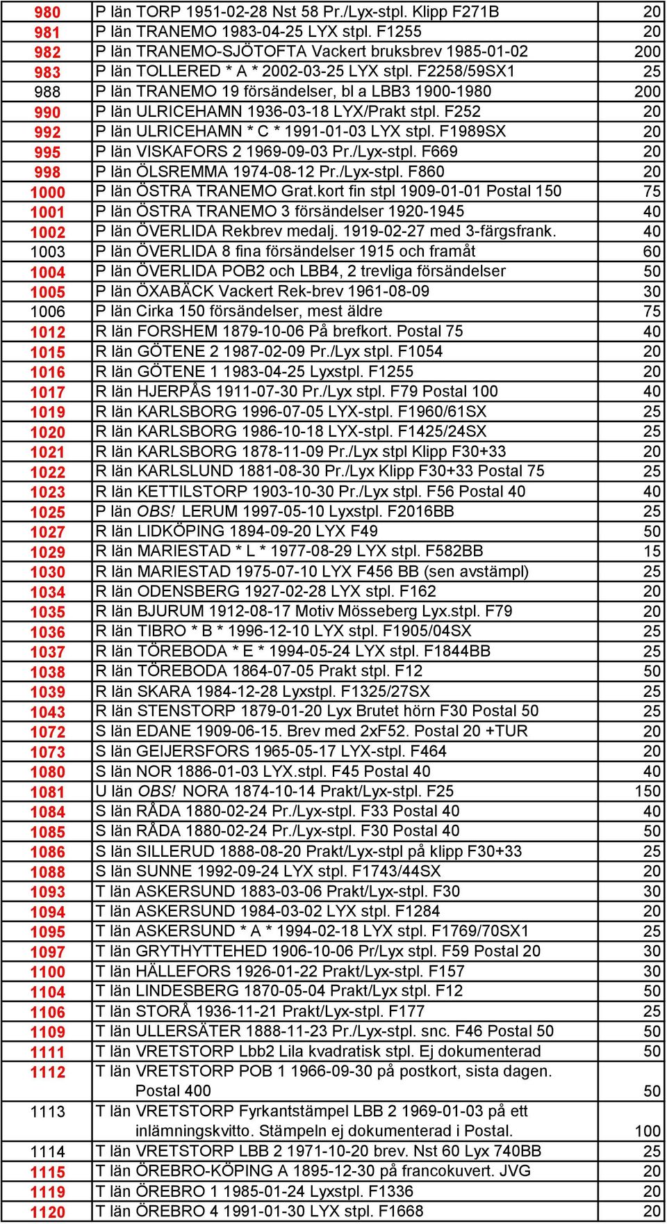 F2258/59SX1 25 988 P län TRANEMO 19 försändelser, bl a LBB3 1900-1980 200 990 P län ULRICEHAMN 1936-03-18 LYX/Prakt stpl. F252 20 992 P län ULRICEHAMN * C * 1991-01-03 LYX stpl.