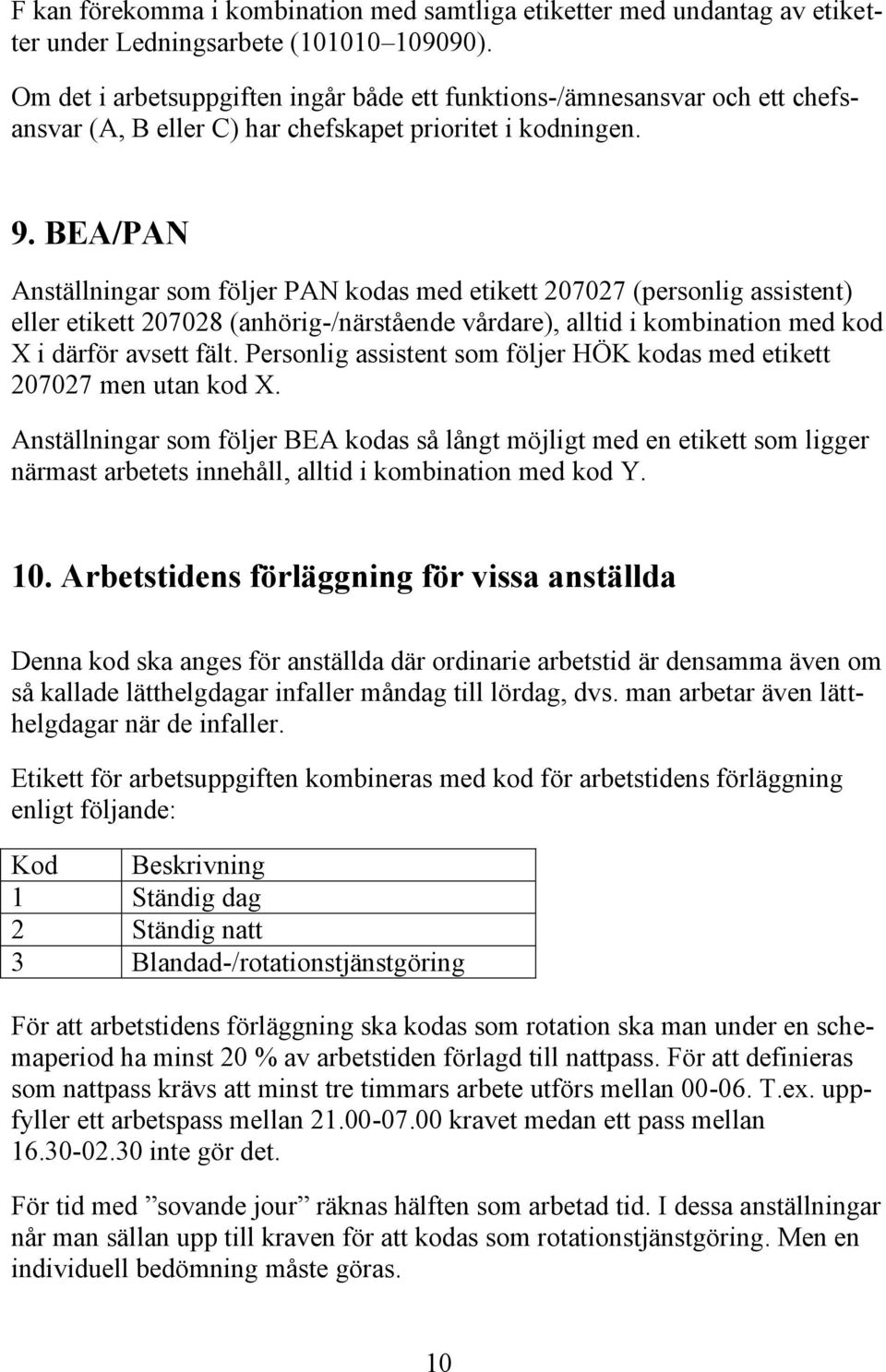 BEA/PAN Anställningar som följer PAN kodas med etikett 207027 (personlig assistent) eller etikett 207028 (anhörig-/närstående vårdare), alltid i kombination med kod X i därför avsett fält.