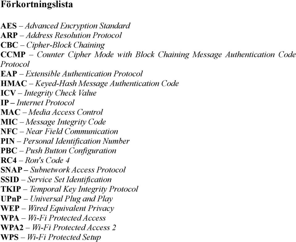 Integrity Code NFC Near Field Communication PIN Personal Identification Number PBC Push Button Configuration RC4 Ron's Code 4 SNAP Subnetwork Access Protocol SSID Service Set