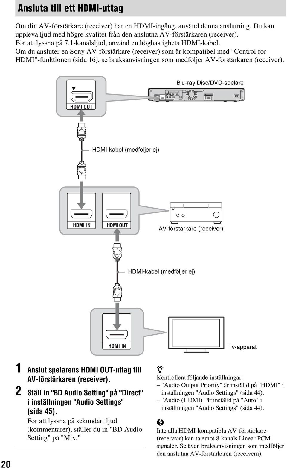 Om du ansluter en Sony AV-förstärkare (receiver) som är kompatiel med "Control for HDMI"-funktionen (sida 16), se ruksanvisningen som medföljer AV-förstärkaren (receiver).