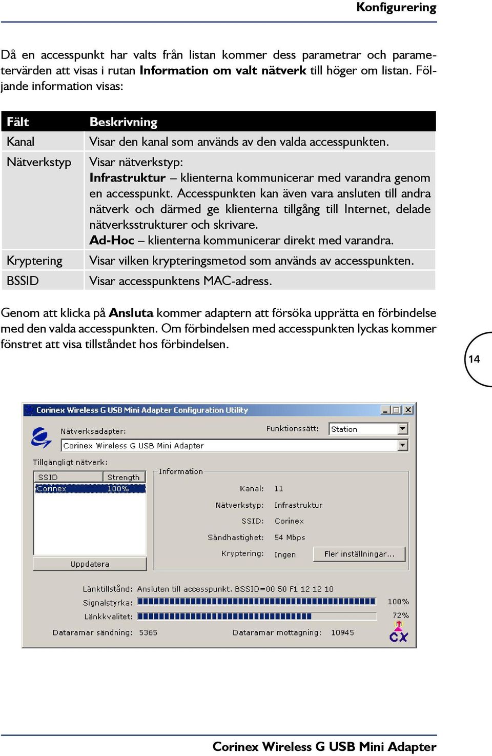 Visar nätverkstyp: Infrastruktur klienterna kommunicerar med varandra genom en accesspunkt.