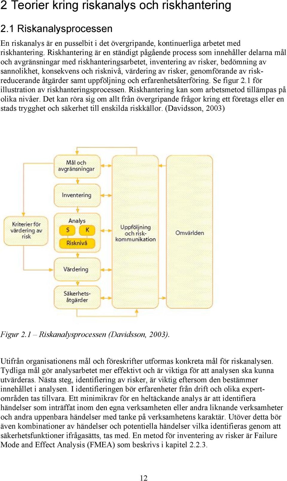 värdering av risker, genomförande av riskreducerande åtgärder samt uppföljning och erfarenhetsåterföring. Se figur 2.1 för illustration av riskhanteringsprocessen.