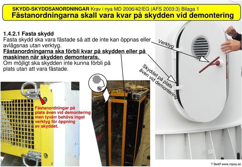 Fästanordningarna ska förbli kvar på skydden eller på maskinen när skydden demonterats.