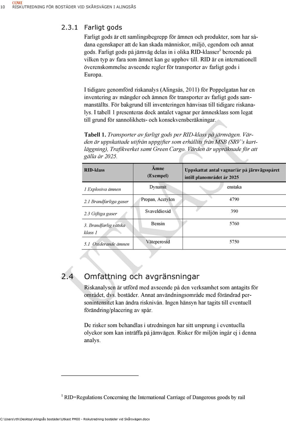 Farligt gods på järnväg delas in i olika RID-klasser 1 beroende på vilken typ av fara som ämnet kan ge upphov till.