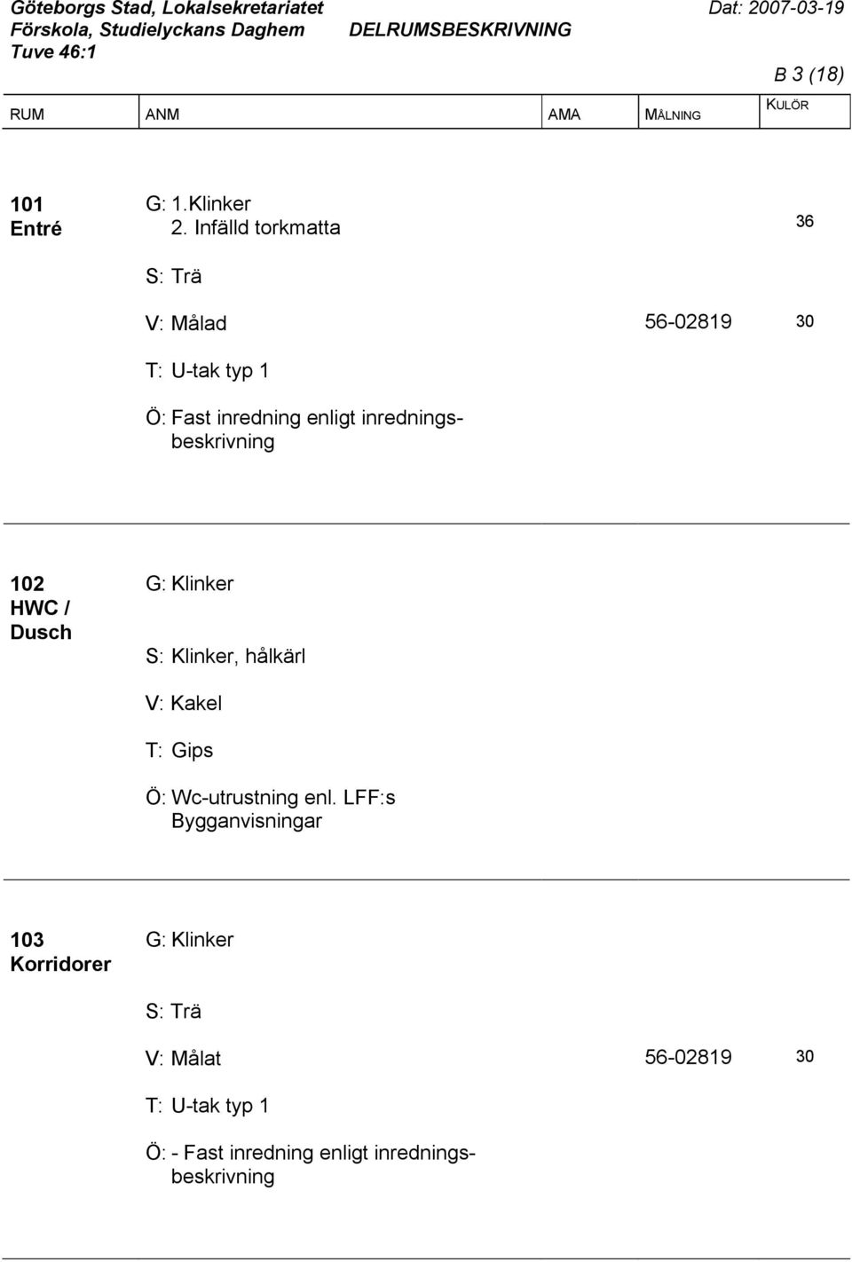 S: Klinker, hålkärl V: Kakel T: Gips Ö: Wc-utrustning enl.