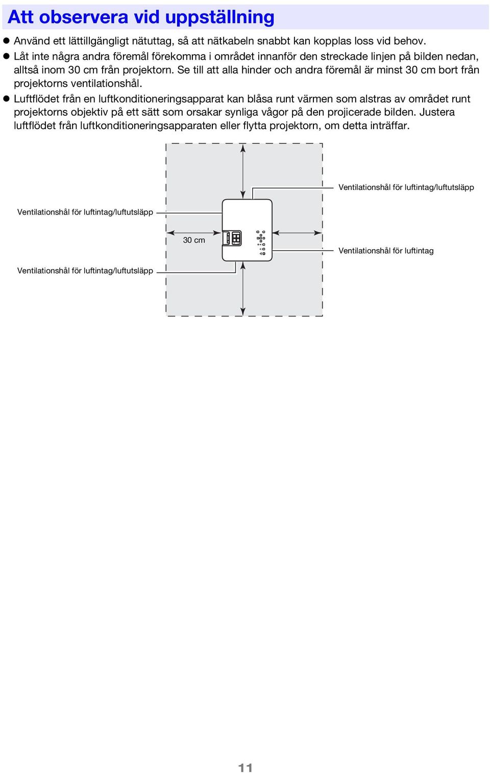 Se till att alla hinder och andra föremål är minst 30 cm bort från projektorns ventilationshål.