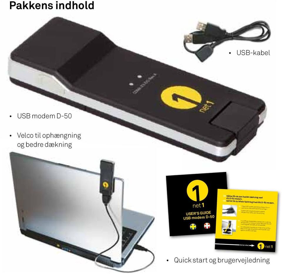 Pakkens indhold USB-kabel USB modem D-50 Velco til ophængning og bedre dækning DK Sådan får du den bedste dækning med dit D-50 modem.