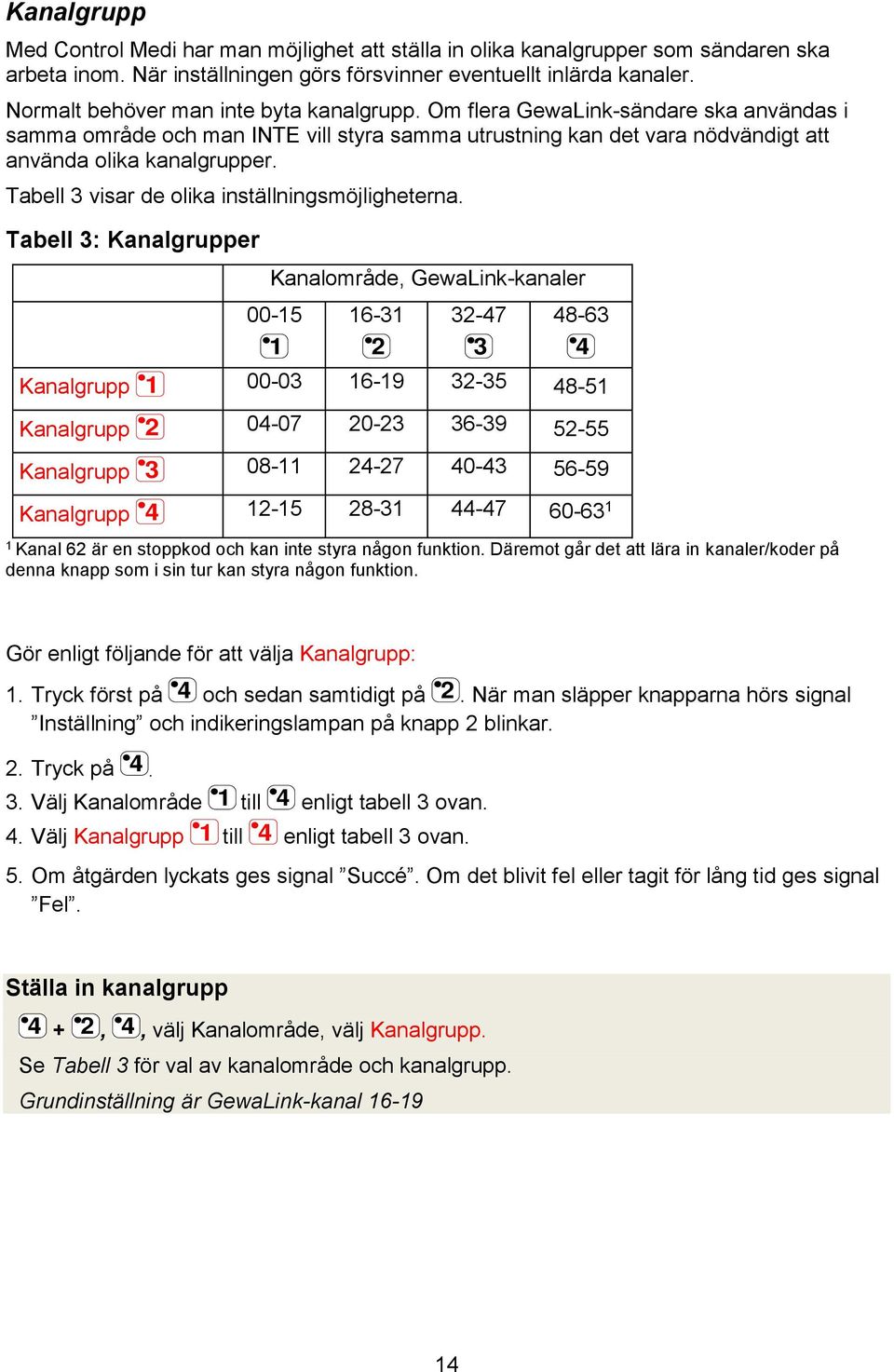 inställningsmöjligheterna Tabell : Kanalgrupper Kanalgrupp Kanalgrupp Kanalområde GewaLink-kanaler 00-5 6- -7 8-6 00-0 6-9 -5 8-5 0-07 0-6-9 5-55 Kanalgrupp 08- -7 0-56-59 Kanalgrupp -5 8- -7 60-6