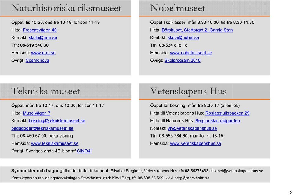 se Övrigt: Skolprogram 2010 Tekniska museet Öppet: mån-fre 10-17, ons 10-20, lör-sön 11-17 Hitta: Museivägen 7 Kontakt: bokning@tekniskamuseet.se pedagoger@tekniskamuseet.