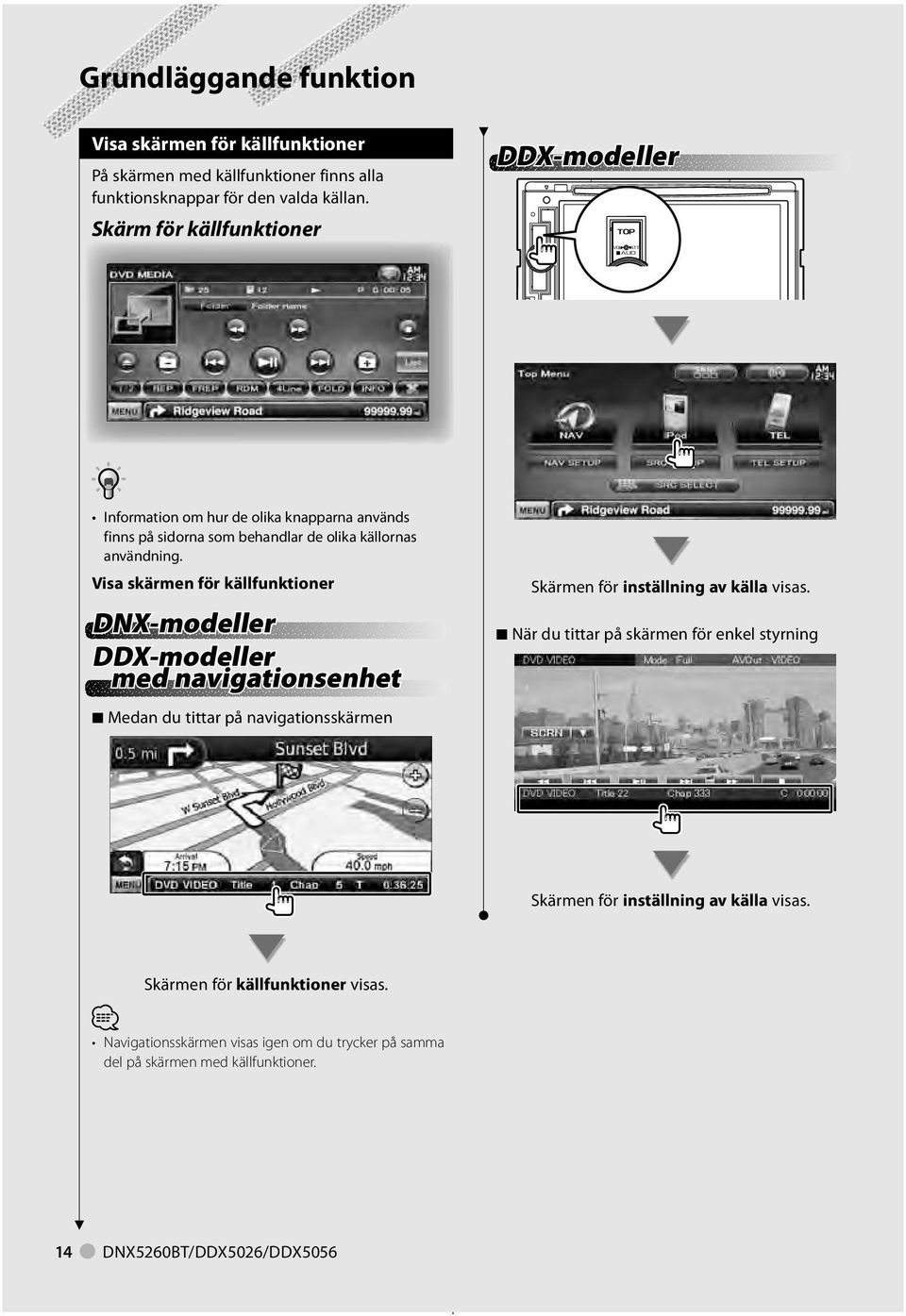 Visa skärmen för källfunktioner DNX-modeller DDX-modeller med navigationsenhet 7 Medan du tittar på navigationsskärmen Skärmen för inställning av källa visas.