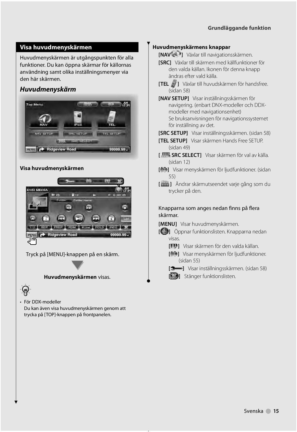 Ikonen för denna knapp ändras efter vald källa. [TEL ] Växlar till huvudskärmen för handsfree. (sidan 58) [NAV SETUP] Visar inställningsskärmen för navigering.