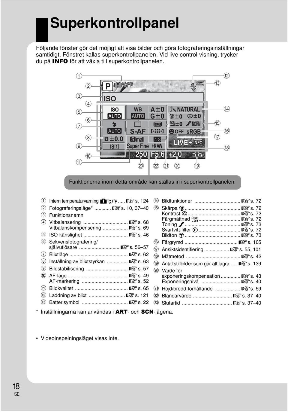 0 38 m l k j i b c d e f g h Funktionerna inom detta område kan ställas in i superkontrollpanelen. 1 Intern temperaturvarning m...gs. 124 2 Fotograferingsläge*...gs. 10, 37 40 3 Funktionsnamn 4 Vitbalansering.
