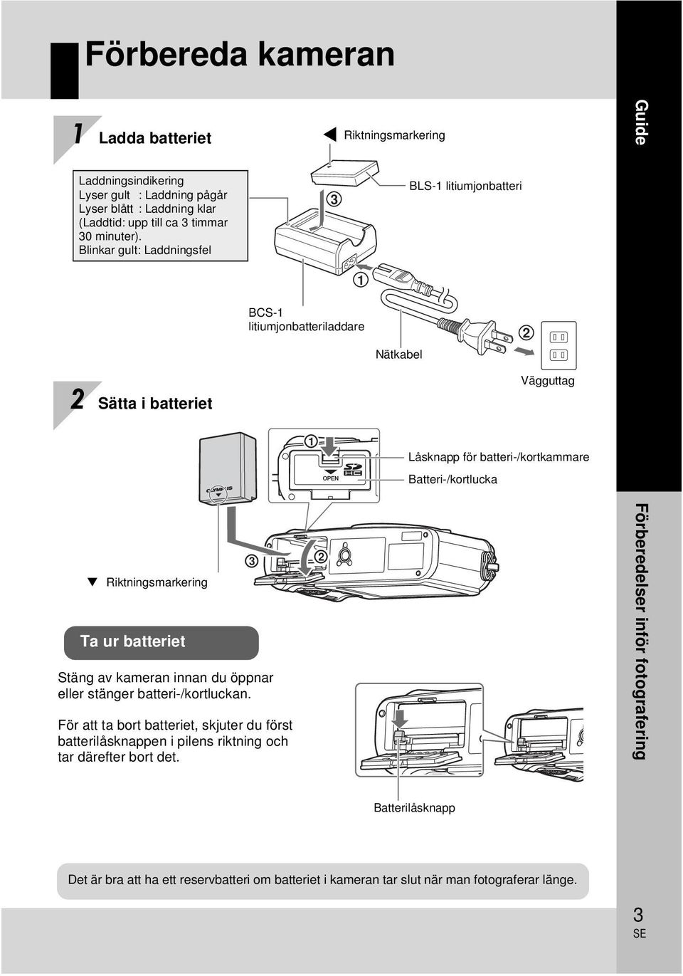 Riktningsmarkering Ta ur batteriet Stäng av kameran innan du öppnar eller stänger batteri-/kortluckan.