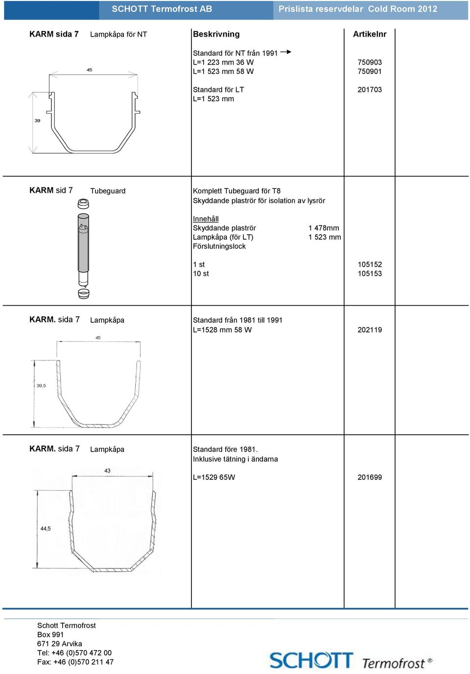 Lampkåpa (för LT) Förslutningslock 1 478mm 1 523 mm 1 st 105152 10 st 105153 KARM.