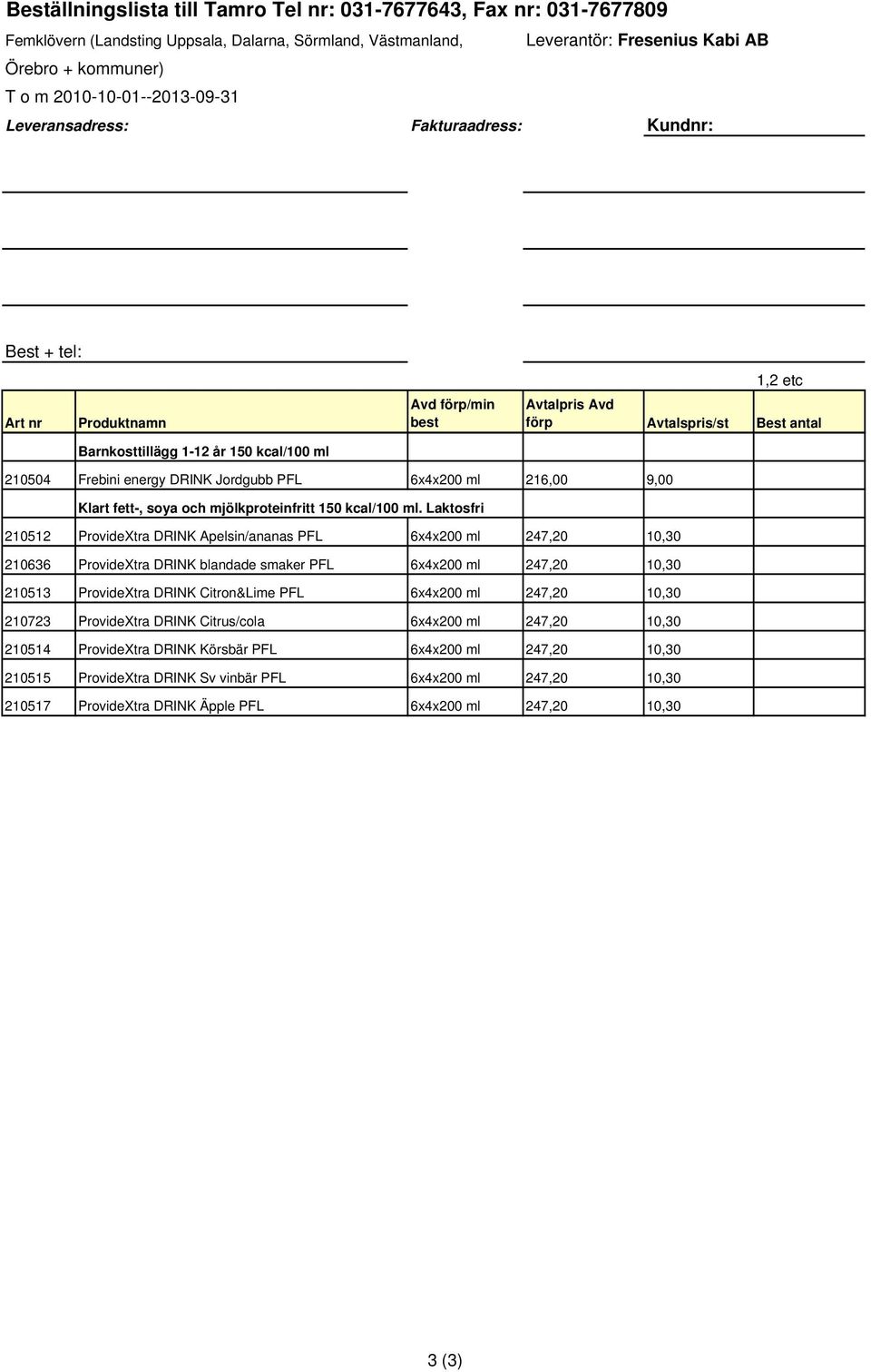 antal 210504 Frebini energy DRINK Jordgubb PFL 6x4x200 ml 216,00 9,00 Klart fett-, soya och mjölkproteinfritt 150 kcal/100 ml.