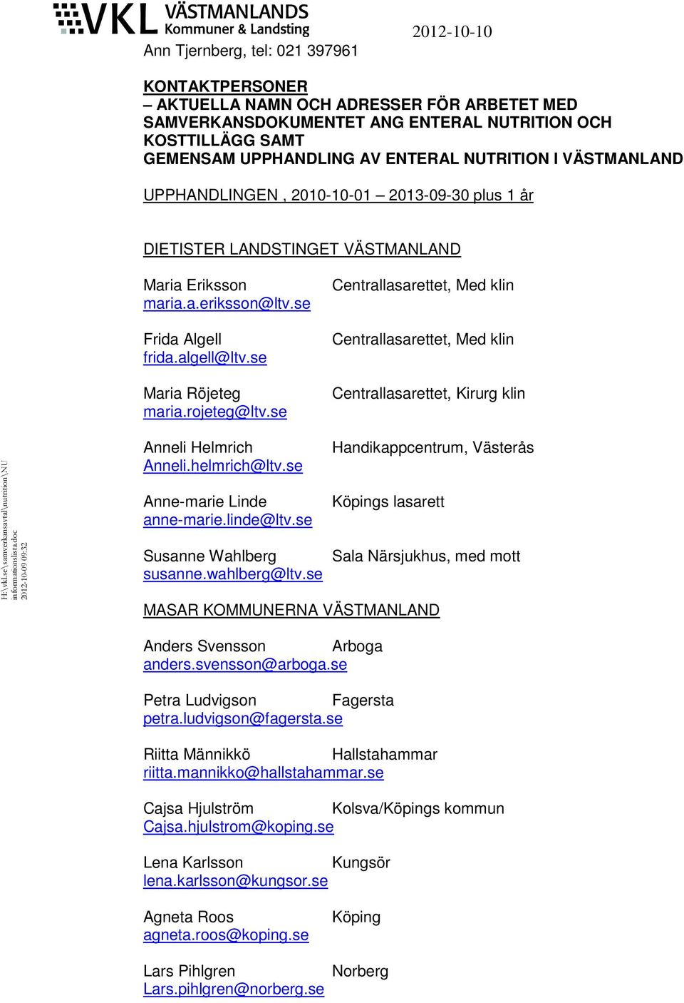 rojeteg@ltv.se Centrallasarettet, Med klin Centrallasarettet, Med klin Centrallasarettet, Kirurg klin H:\vkl.se\samverkansavtal\nutrition\NU informationslista.